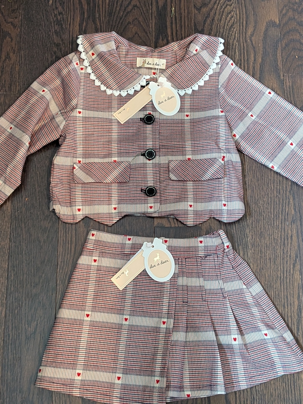 Girls' Plaid Skirt Set with Heart Accents - Red Plaid